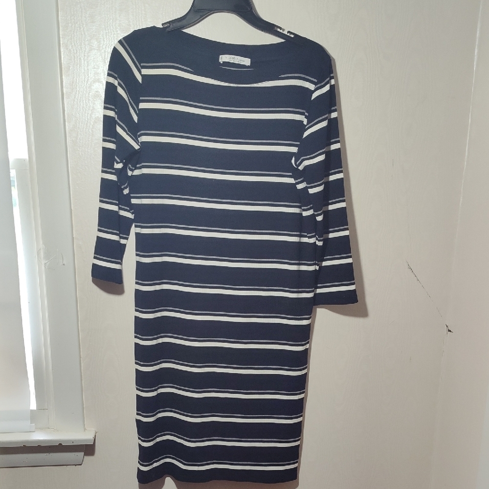 Mango Navy and White Striped Long Sleeve Dress